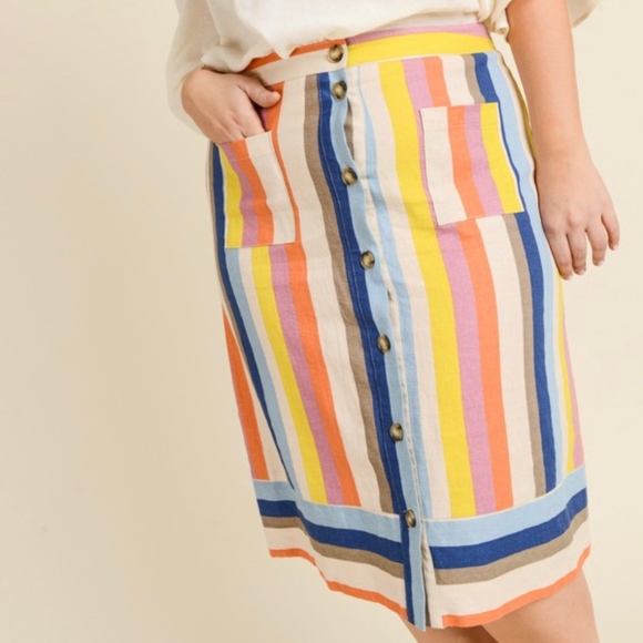 Plus Size Gilli Multi-Color Rainbow Strip Button Down Skirt with Pockets - Picture 2 of 8